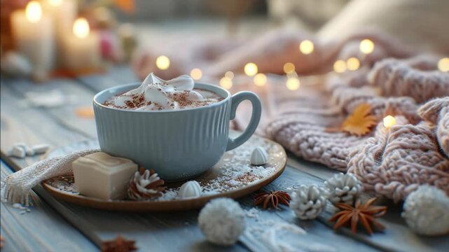Delicious coffee drink with fall-themed decorations on a rustic wooden table.