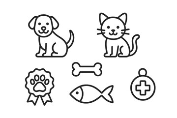 Cute dog and cat pet care icons set with bone fish and veterinary symbol