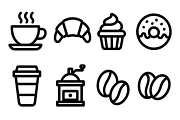 Hot coffee, takeaway cup, grinder, beans, croissant, donut, and cupcake set