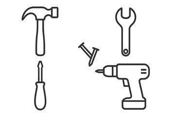 Set of essential construction and repair tools outline icons for DIY and home improvement projects