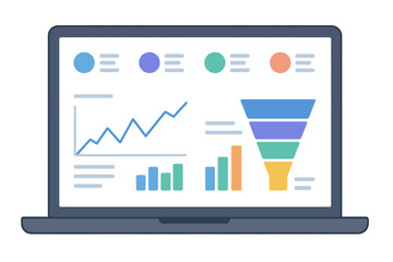 Business analytics dashboard interface with growth charts and conversion funnel on a portable computer