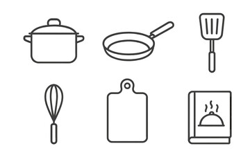 Outline icons set of essential kitchen utensils and cooking equipment symbols