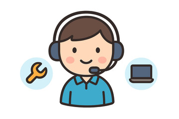 Smiling technical support agent wearing headset surrounded by wrench and laptop icons