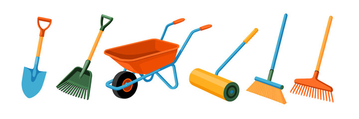 Colorful garden tools set against a dark background for gardening needs