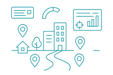 Abstract urban landscape elements with location pins and business data icons