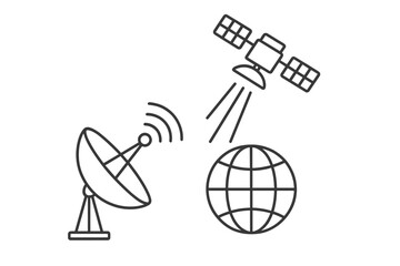 Global satellite communication network with Earth globe and ground antenna dish