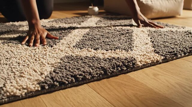 Unrolling And Smoothing The New Textured Area Rug On Wooden Floor Seamlessly