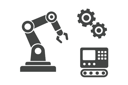 Industrial automation icons set featuring robotic arm, conveyor belt, and interlocking gears