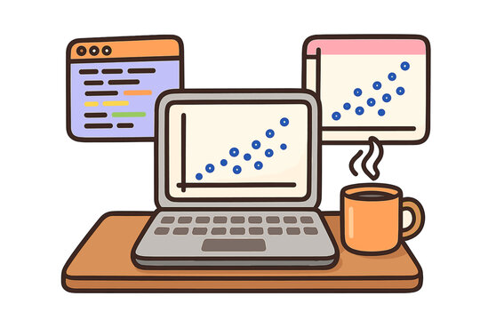 Remote work environment with laptop displaying scatter plot graph and steaming coffee