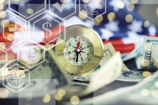 Magnetic compass. The concept of finding successful solutions to problems. Compass, map, sleeves, hands.