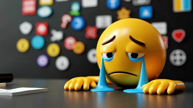 Large yellow crying emoji with tears and sad face sits on desk against blurred dark background full icons, depicting digital burnout, overwhelming stress, symbolizing modern emotional problems