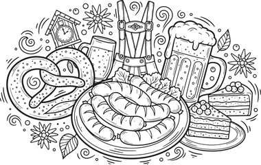 Oktoberfest celebration with traditional food and drink black and white illustration