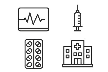 Medical care outline symbols set featuring hospital, syringe, pills, and heart monitor display