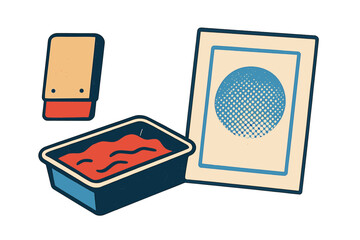 Dipping sauce container and condiment packet for fast food meals in retro style