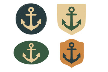 Four vintage nautical anchor badges with distressed texture and muted colors