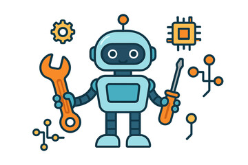 Cute blue robot character holding repair tools like a wrench and screwdriver surrounded by technology icons