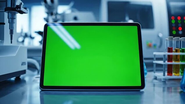 Tablet with a green screen display sits on a lab bench surrounded by scientific equipment, including microscopes and test tubes.