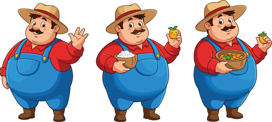 Set of Cheerful Farmer Cartoon Character Vector Illustrations, Wearing Overalls and Hat, Holding Fresh Produce and Waving Hand, Representing Agriculture and Farming.