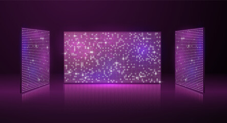 Purple led light screen concert or show background, board wall stage with three monitors glow round dotted TV display