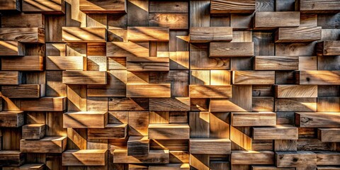 Fototapeta premium Illuminated Wooden Block Wall Texture An Abstract Composition of Recessed and Protruding Timber Pieces in Warm Golden Hues