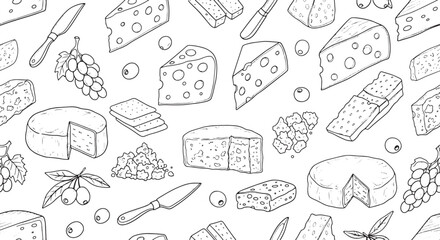 Seamless Cheese Pattern with Grapes Crackers and Olives Illustration Art