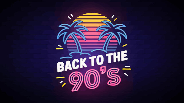 Neon back to the 90s retro design with palm trees and sunset
