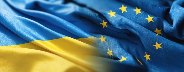 The Flags of Ukraine and the European Union Intertwined in Waving Blue and Yellow Fabric