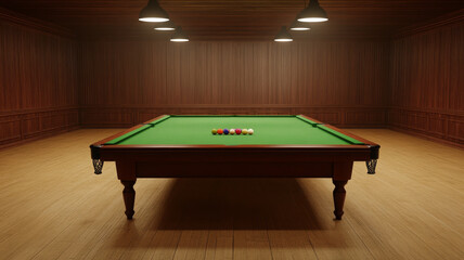 Snooker table, empty room, wooden floor, green felt, billiard ball, classic style, lighting