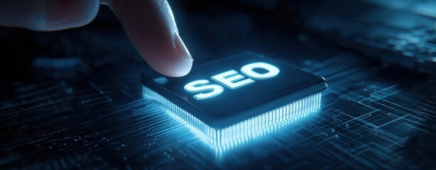 The SEO Microchip Pressed by a Finger on a Futuristic Circuit Board Interface
