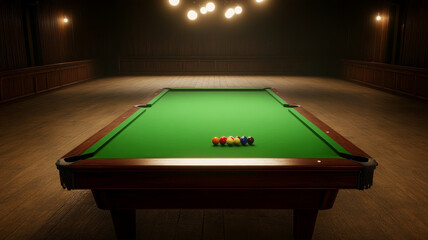 Wide angle snooker table view in dimly lit room with green felt and arranged balls
