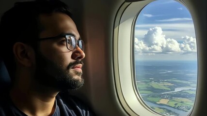 Thoughtful man with glasses looks out plane window at clouds and distant landscape, expressing enjoyment of flight and associated with business travel, vacation concept and comfortable flights - Powered by Adobe