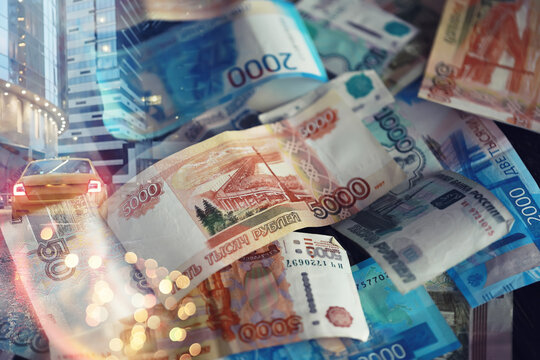 Russian money. Different denomination of bills. Finance concept. Double exposure city.