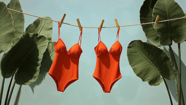 Vibrant orange swimsuits hanging on a clothesline surrounded by lush green leaves, showcasing a bright summer scene, camera slowly zooms in to highlight details and textures