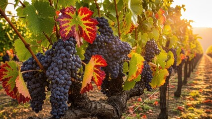 Ripe purple grapes hanging from grapevines with colorful autumn leaves in a vineyard at beautiful sunset