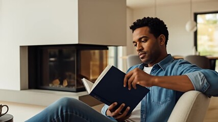 Young man reading a book at home.