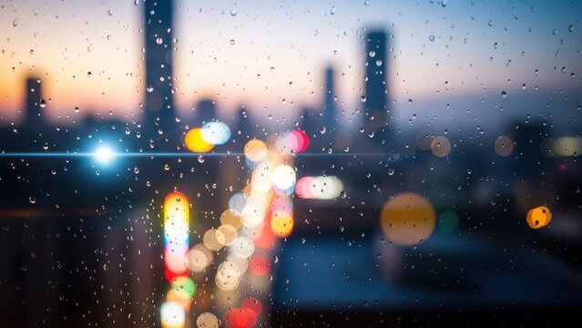 Raindrops on window with blurred city lights and buildings at sunset creating a colorful bokeh effect