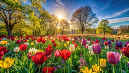 Vibrant Spring Meadow with Sunlit Tulips Blooming in a Lush Green Park Setting