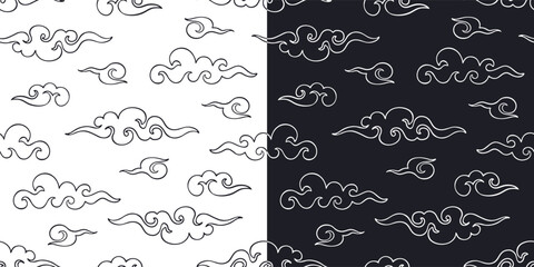 Vector black and white seamless pattern of chinese clouds. Hand drawn outline curl or swirl in Chinese ink painting style. Monochrome print, Lunar New Year ornament or oriental traditional design.