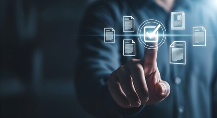 Digital document management with checkmark and hand interaction