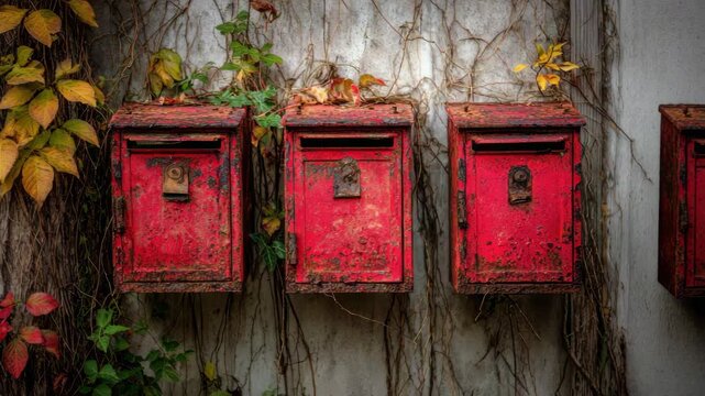 Three Weathered Red Mailboxes on a Textured White Wall Covered in Climbing Vines with Yellowing Leaves in Autumn Season at Cloudy Day with Medium Shot