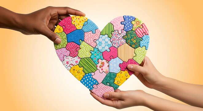 Two hands holding a large puzzle heart, each piece designed differently, isolated on a pastel orange background.