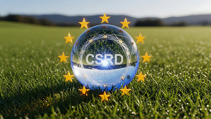 Reflective sphere on green grass with stars, embodying corporate sustainability and environmental policy initiatives