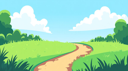 Obraz premium A simple, bright cartoon background featuring a winding dirt path through lush green grass on rolling hills under a clear blue sky with fluffy white clouds.