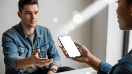 Woman holds cell phone with white blank screen to man reaching out for interaction in bright indoor setting