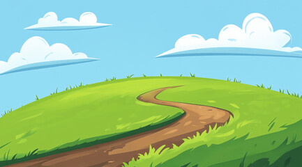 A simple, bright cartoon background featuring a winding dirt path through lush green grass on rolling hills under a clear blue sky with fluffy white clouds.