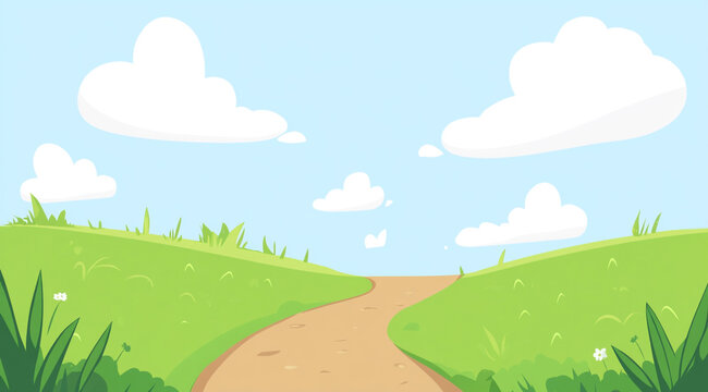 A simple, bright cartoon background featuring a winding dirt path through lush green grass on rolling hills under a clear blue sky with fluffy white clouds.