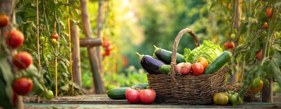 The wicker basket overflowing with fresh organic vegetables on a sunlit garden path - Powered by Adobe