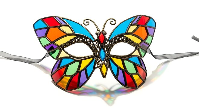 A butterfly-shaped masquerade mask crafted from translucent glass pieces in rainbow hues, isolated on a white background with light refracting details.