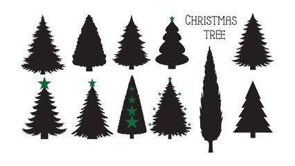 Diverse collection of stylish Christmas tree silhouettes evoking festive cheer, ideal for holiday designs and seasonal promotions, originally scalable vector graphics