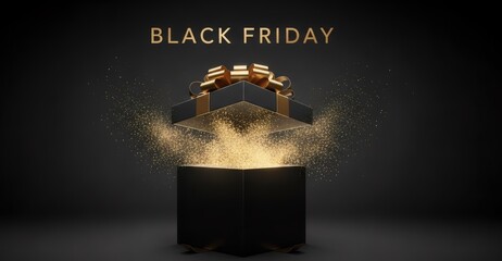 Black Friday golden glitter exploding from an open gift box, luxury promotion concept for holiday sale advertising or shopping event.
